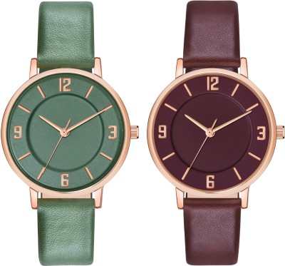 Loretta LT-393-394 Pack of 2 Leather Belt Round Dial Combo Women Analog Watch  - For Girls