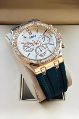Lucifer DRM029 - BLACK Fashionable Rose gold Dial Diamond Date Display Watch - For Men Date Functioning Genuine Quality Softest Silicon Strap Quartz Analog Watch  - For Men