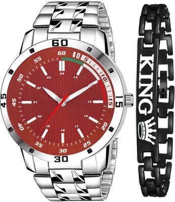 SHURAI red watch with bracelet men mate display Black Dial Adjustable Stainless Steel Watch and King Bracelet Analog Watch  - For Men