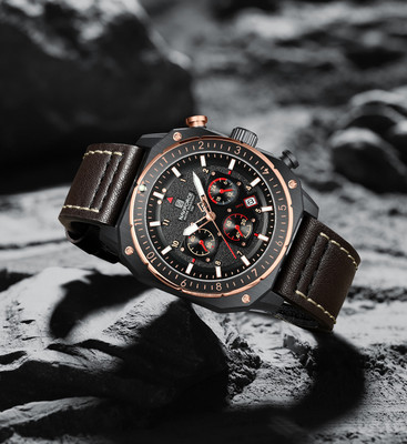 NAVIFORCE NF8057 Brown chronograph dial with brown leather strap travel quartz Analog Watch  - For Men