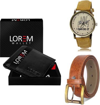 LOREM Men Combo Of Yellow Watch-Black Arificial Leather Wallet & Black Belt Analog Watch  - For Men