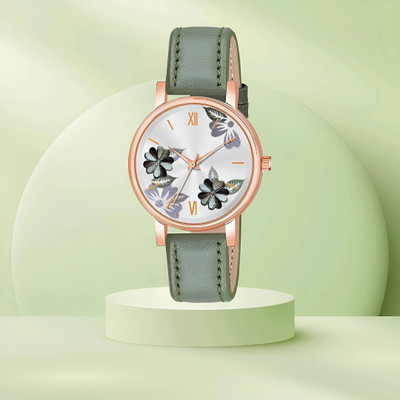 MAHAVIRA COLLECTON Green_Leather_Flower Analog Watch  - For Women