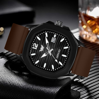 ABREXO Abx6600-BK BR Vintage-Law Date Working Square Black Dial Brown Premium Silicone Strap Boys Analog Watch  - For Men