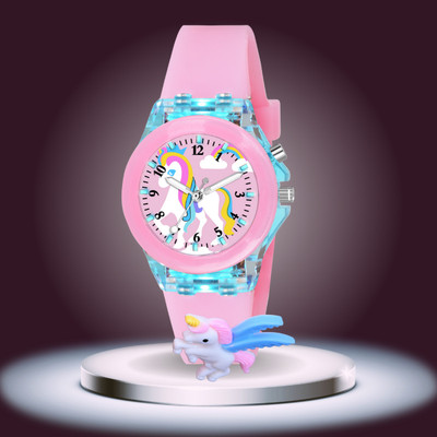 Scarter Stylish Multi-color Light With Pink Unicorn 3D Cartoon Analog Watch  - For Girls