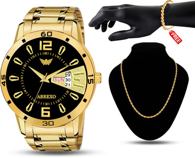 ABREXO Abx1220-BK GD Black Gold Day & Date Working Watch Day & Date Working Wrist Watch With Golden RASA Chain & Bracelet Combo for Boys Analog Watch  - For Men