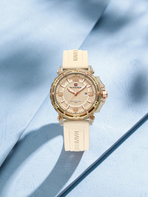 NAVIFORCE NF7125 Beige Dial with Rosegold Accents and Beige Silicone Strap Analog Watch  - For Women