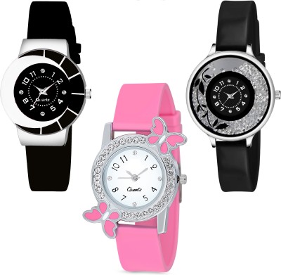 Praizy Best Designer Combo Of 3 Pink Butterfly Designer & 2 PU Strap Analog Watch  - For Girls