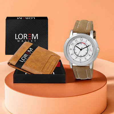 LOREM Combo Of Beige Color Artificial Leather Wallet & Analog Watch  - For Men