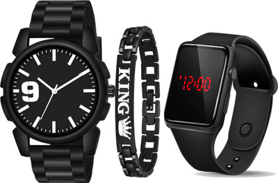 casera 3 combo led 1252 SetOf3 Analog Watch And Led Watch With King Black Bracelet Combo For Kids Watch Analog-Digital Watch  - For Men