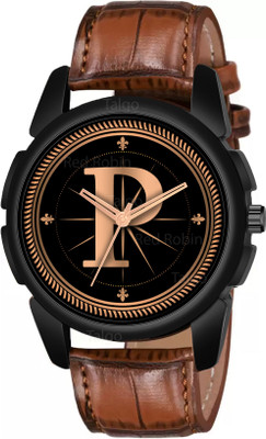 Sky Mart ALPHA-P-J16-BLK-DBRW-CRL Fancy Design Stylish ALPHABET P Dial Brown Leather Strap Men Wrist Watch Analog Watch  - For Boys