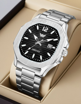 ABREXO Abx4569-Black Silver Nautilus Series Date Working Square Black Dial Silver Quartz Watch For Boys Analog Watch  - For Men