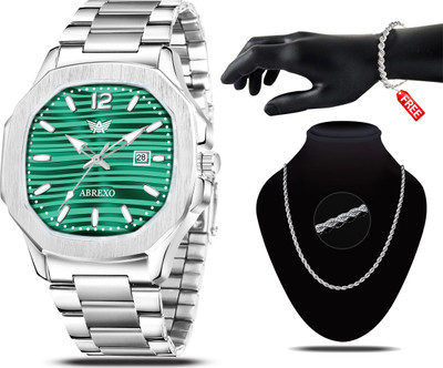 ABREXO Abx7000- Silver + C2 Silver Chain & Bracelet Green Dial Date Working Watch With Designer Chain & Bracelet Combo for Boys Analog Watch  - For Men