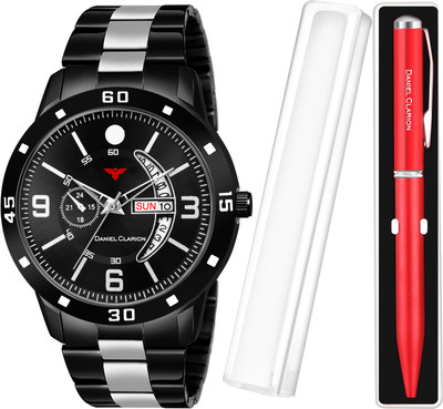 DANIEL CLARION DC-1117-Black+Red Pen Day and date Analog watch for men with Red Ball Pen Analog Watch  - For Boys