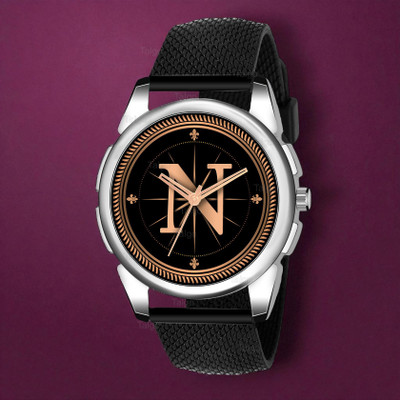 Krolexe ALPHA-N-J16-SIL-BLK-SFR Fancy Design Stylish ALPHABET N Dial Black Leather Strap Men Wrist Watch Analog Watch  - For Men