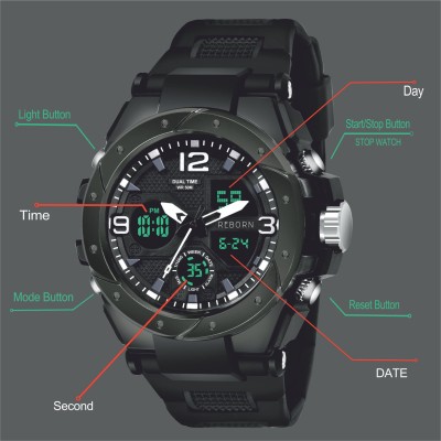 Reborn 9105 DUAL TIME BLACK Chronograph Multifunctional Sport Green Light LED fashionable wrist watch Analog-Digital Watch  - For Men