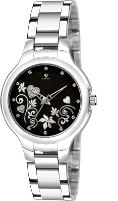 EDINARO ED-2107W Women Watch Floral Studded Round Black Dial with Silver Metalic Bracelet Chain Analog Watch  - For Women