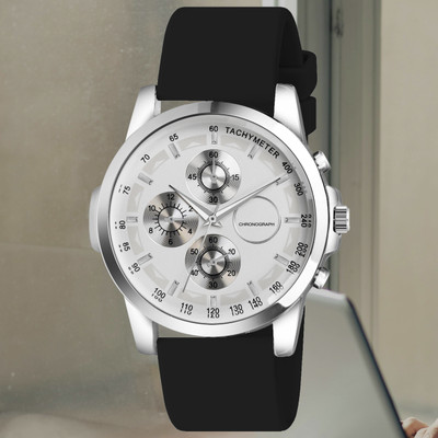 AWEX A_TS09_BlackBelt_SilverDila_08 Modern men’s wristwatch with a silver face and black silicone wristband Analog Watch  - For Men