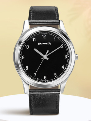 SONATA NP7135SL02 Sonata Quartz Black Dial Black Leather Strap Analog Watch  - For Men