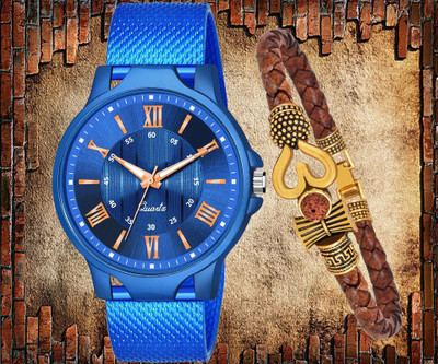 THENUREVENTERPRISE Rich Look Blue Dial & Pu Strap With Matt Finish OM Gold Leather Bracelet Analog Watch  - For Boys
