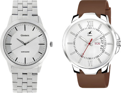 Giomex 1584SM03 Silver Plain -Combo-DD White Silicon Brown Strap 1584SM03 Silver Plain -Combo-DD White Silicon Brown Strap Analog Watch  - For Men & Women