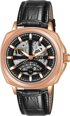 Alix AL2911 Elegant Rose gold toned case with black strap automatic mechanical Analog Watch  - For Men