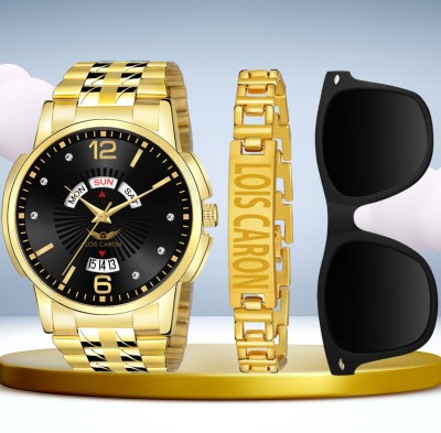 LOIS CARON LCS-9159 Combo Set Of Gold Plated Day & Date Watch With Bracelet & Sunglass Analog Watch  - For Men