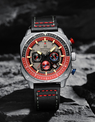 NAVIFORC NF8057 Silver chronograph dial with black leather strap travel quartz Analog Watch  - For Men