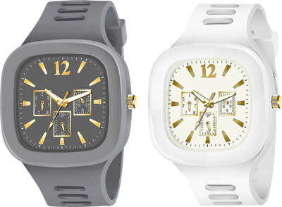 SHURAI Grey_white_watch 2set Men New Combo Of Black and White Square Dial with Silicone Strap Analog Watch  - For Boys