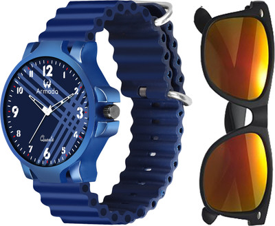 ARMADO 1528-Blue+Orange sunglass Blue Dial with Silicon Strap along with Orange color sunglass Analog Watch  - For Boys