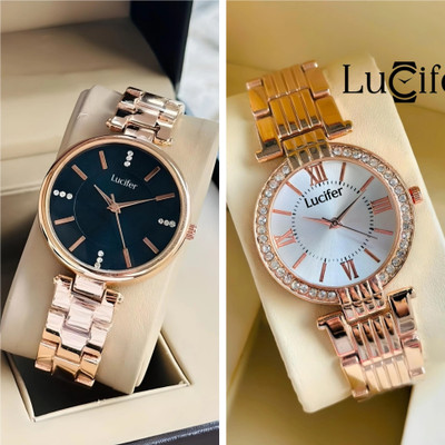 Lucifer DRW01 BLKrose - 09 WHT combo watch Combo watch for Women Stone Studded Black & Silver Round Dial & Metallic Strap Analog Watch  - For Women