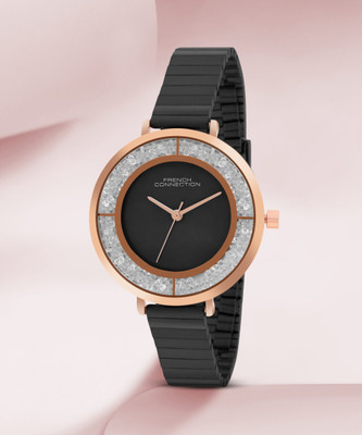 French Connection New Collection Dancing Diamonds 3-HANDS Black Round Dial Analog Watch  - For Women