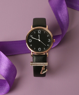 Haute Sauce Round Analog Watch With V Liberty Initial Watch Charm - Black Analog Watch  - For Women