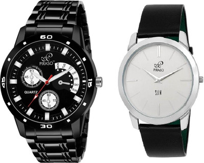 PIRASO 32-BK-CK & 1584 SL04 WHITE ANALOG COMBO WRIST WATCH BLACK & WHITE DIAL WATCH FOR MEN Analog Watch  - For Men