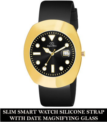 AquaBliss Gold Bezel Slim Silicon Strap with Date Magnifier Glass Display Analog Watch  - For Men