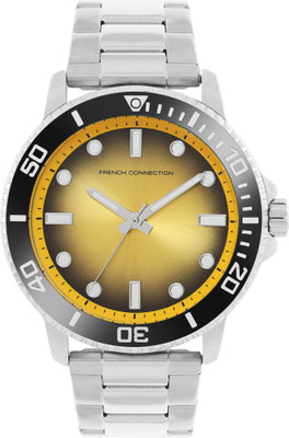 French Connection Eclipse I Men's Analog Silver Watch | Yellow Sunray Dial Analog Watch  - For Men