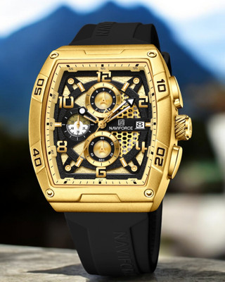 NAVIFORC NF8052GGB Black Gold Luminous Hollow Dial with three chrongraph function Analog Watch  - For Men
