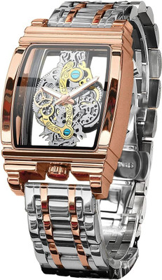 glowgreen MSG2880 Rectangle Tonneau Large Dial Stainless Steel Band Quartz Wristwatch Analog Watch  - For Men