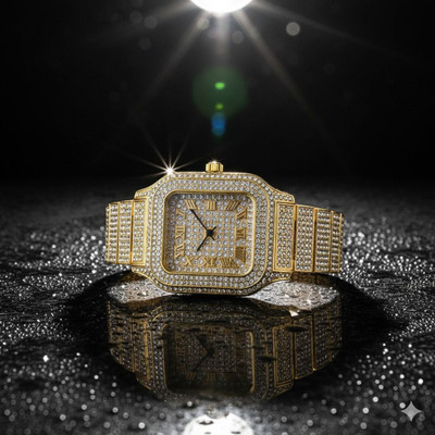 LEATHERTONE WW13 Luxury Gold-Tone Iced Out Roman Watch Analog Watch  - For Men & Women
