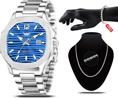 ABREXO Abx7000- Silver + C2 Silver Chain & Bracelet Blue Dial Date Working Watch With Designer Chain & Bracelet Combo for Boys Analog Watch  - For Men