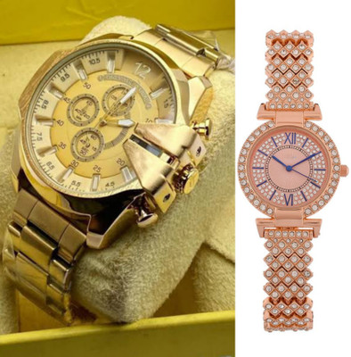 RS TRADER CO LUXURY FASHION DIAMOND CRYSTAL DIAL STAINLESS STEEL GOLD & ROSE GOLD CHAIN RSA LUXURY FASHION DIAMOND CRYSTAL DIAL STAINLESS STEEL GOLD & ROSE GOLD CHAIN RSA Analog Watch  - For Men & Women