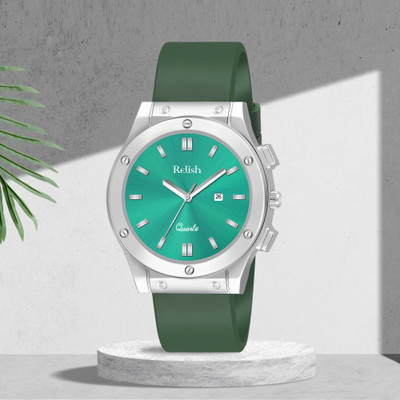 RELish RS2 Pro Antique Green Dial Silver Case Silicone Strap Date Functioning Quartz Analog Watch  - For Men