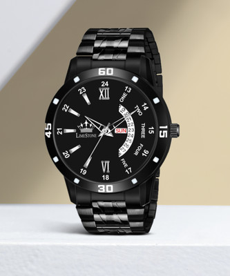 LIMESTONE All Black Day & Date Functioning Long Life Black Plated Chain HMTS Quartz Analog Watch  - For Men