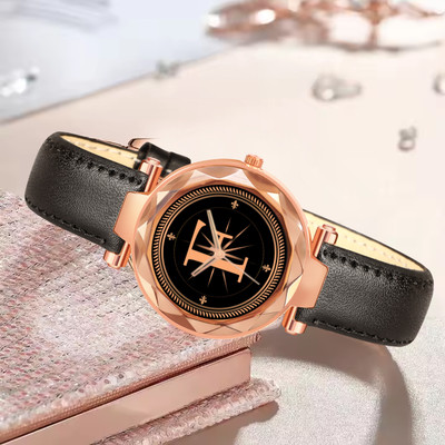 RobinXX GEN-RG-ALPHA-F-BLK-L-1 prominent letter 'F' on RoseGold dial Black Leather Casual,Formal,Party,Wedding Analog Watch  - For Girls