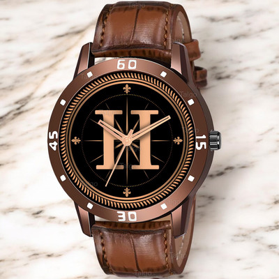 Natrix ALPHA-H-AVO-DBRW-CRL Fancy Design Stylish ALPHABET H Dial Brown Leather Strap Men Wrist Watch Analog Watch  - For Boys