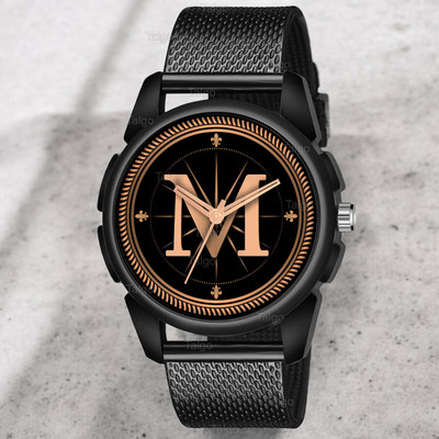 Natrix ALPHA-M-J16-BLK-SFR Fancy Design Stylish ALPHABET M Dial Black Leather Strap Men Wrist Watch Analog Watch  - For Boys