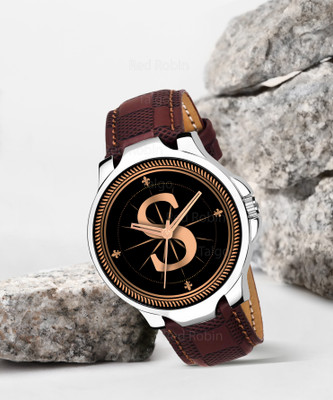 Red Robin ALPHA-S-3K-SIL-BRW-CHL Fancy Design Stylish ALPHABET S Dial Brown Leather Strap Men Wrist Watch Analog Watch  - For Boys
