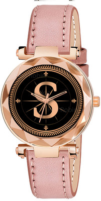 Talgo ALPHA-S-GEN-RG-PCH-L Fancy Design Stylish ALPHABET S Dial Peach Leather Strap Women Wrist Watch Analog Watch  - For Girls