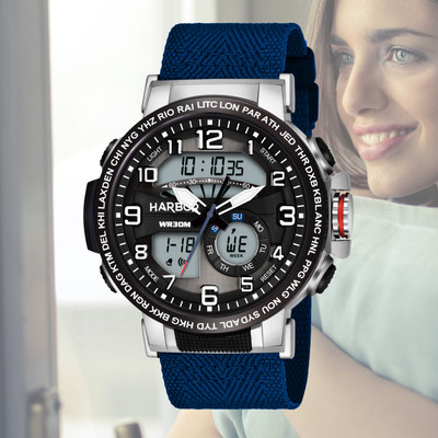 Harbor 1001 Blue-Strap Analog-Digital Wristwatch with Multiple Functions for Men Analog-Digital Watch  - For Men