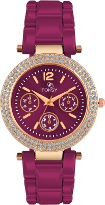 Foksy FKS-3192W Round Formal Magenta Studed Dial with Magenta Bracelet Strap Analog Watch  - For Women