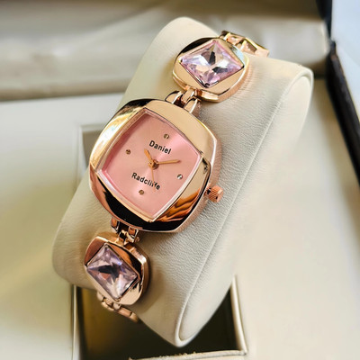 D R W AV0027 Square Dail Bracelet Lock Stone Studded Rose Gold Premium Finish All Occasions Analog Watch  - For Women